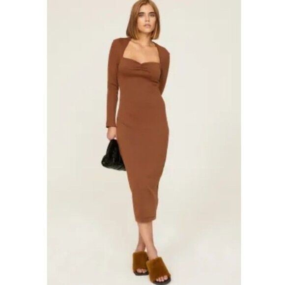 Victor Glemaud Portrait Collar Midi Dress in Brown Size Small - Picture 9 of 9